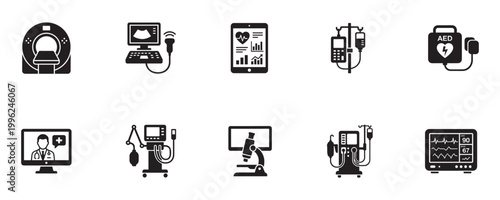 Medical Equipment and Healthcare Technology Icon Set. Hospital, Laboratory, Diagnostics. Vector Illustration.