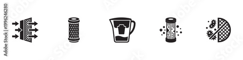 Water Filtration and Purification Icon Set. Filter Cartridge, Pitcher, Cleaning and Antibacterial Protection. Vector Illustration.