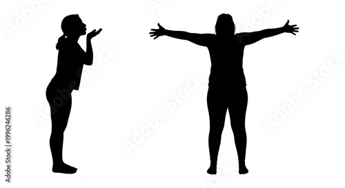 Woman silhouette icon set blowing kiss and open arms pose, white background, vector Illustration