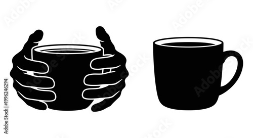 Coffee cup icon set with hands holding mug, black solid silhouette, white background, vector Illustration