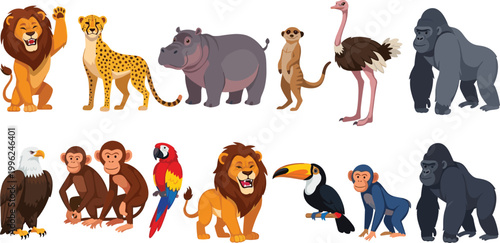 Wild Animal Vector Set with Lion Cheetah Gorilla Monkey Eagle Toucan and Safari Wildlife Illustration Collection
