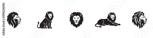 Lion Icon Set. King of Animals Profile, Sitting and Lying Down Symbols. Vector Illustration.