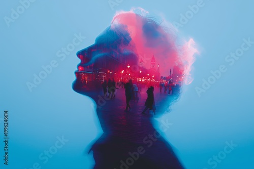 Artistic double exposure blending a silhouette with a vibrant cityscape, creating a dreamlike, ethereal scene.