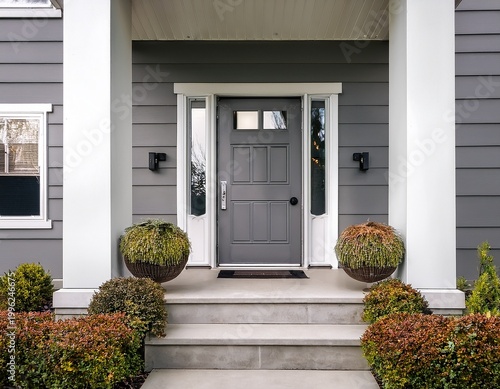 styled home still lifestyle image modern front door with steps up to a front door gray and white exterior home