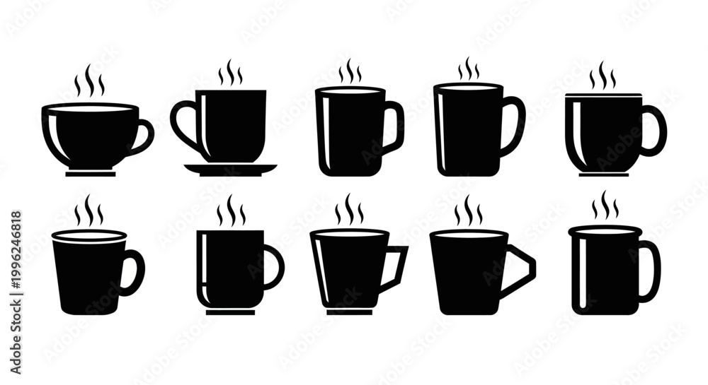 Obraz premium Set of ten solid black vector icons illustrating different styles of steaming coffee mugs perfect for beverage or cafe related projects