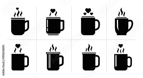 Set of eight steaming coffee mugs with heart shapes and steam, a collection of simple black silhouettes for cafe and romantic themes