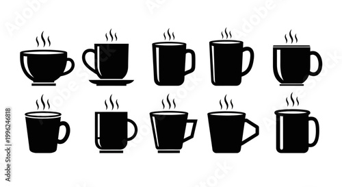Set of ten solid black vector icons illustrating different styles of steaming coffee mugs perfect for beverage or cafe related projects
