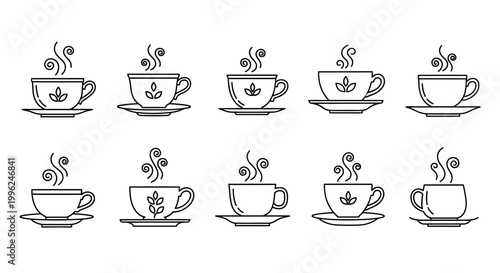 Ten line art drawings of teacups filled with hot drink showing leaf design and small steam swirls