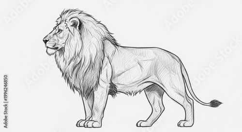 Detailed sketch of a majestic male lion standing proudly.