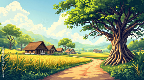 Sunlit lane passing farmhouses beneath sprawling woodland branches. Charming pastoral route framed by leafy limbs and ripe grain. Quiet hamlet approach with textured bark and luminous farmland