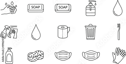Hygiene and sanitation line icons set with soap masks and cleaning tools vector illustration