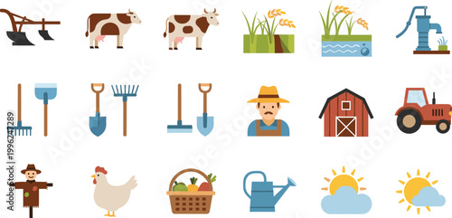 Agriculture and farming icons set with tools crops animals and rural equipment vector illustration