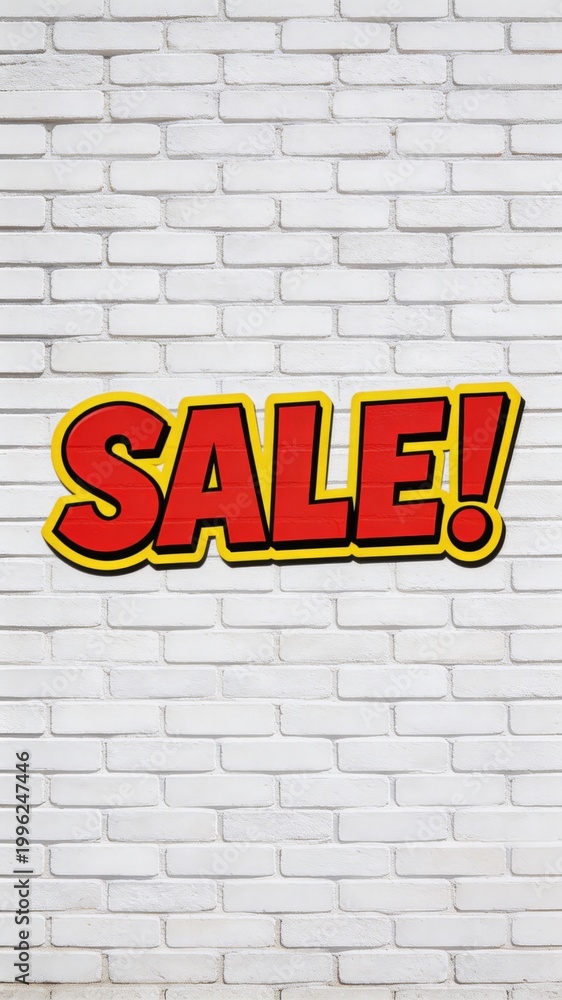 Obraz premium A white brick wall with a large red and yellow SALE sign, perfect for advertising and marketing materials
