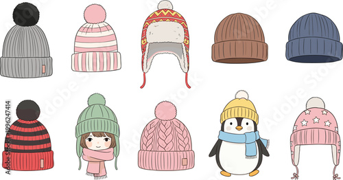 Winter Hat Vector Set with Knitted Beanies Pom Pom Caps and Cute Seasonal Warm Clothing Illustration Collection
