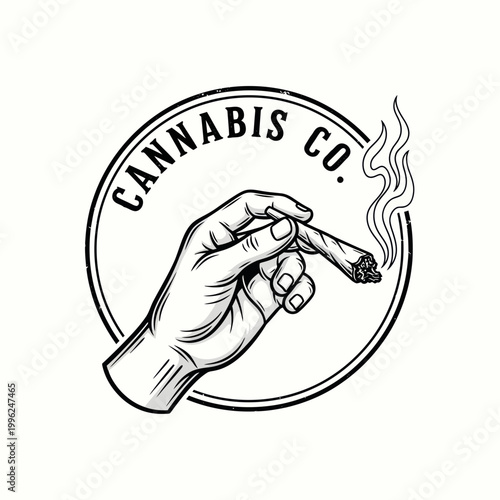 Hand Holding Cannabis Joint with Smoke - Vintage Circle Logo
