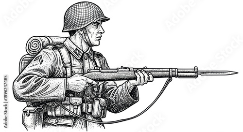 Soldier with rifle and bayonet, vintage illustration, military, historical drawing