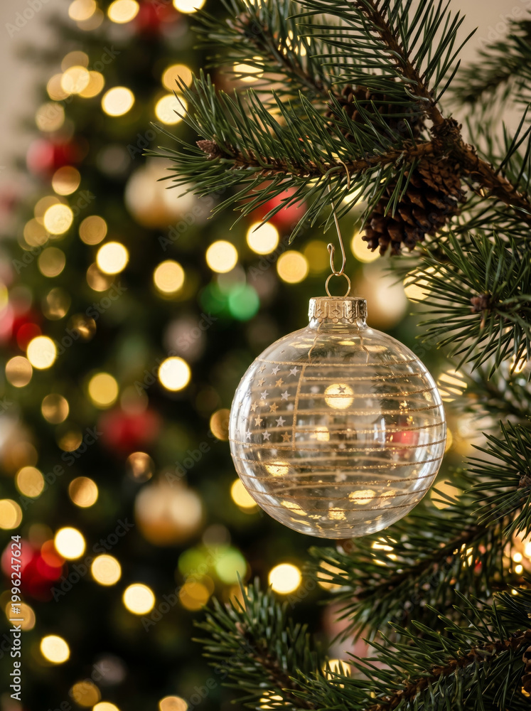 Naklejka premium Close Up of Christmas Tree Bauble with Glowing Lights