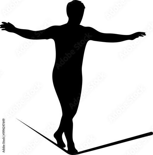 Tightrope walker silhouette vector, man balancing on high wire, circus performer walking on rope, risk and business stability concept