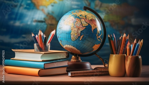 ant s eye view of a globe above schoolbooks on a teacher s desk symbolizing education and global awareness vibrant colors and intricate details