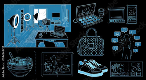 AutoCAD Influencer Studio Lifestyle Vector Set – Video Recording Makeup Fashion Shoes Multiview Blueprint Cyan Outline on Black Background