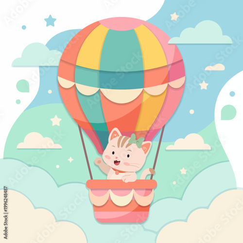 A whimsical depiction of a cute cat joyfully soaring in a colorful hot air balloon, surrounded by a dreamy sky, representing adventure, exploration, and innocence in playful art.