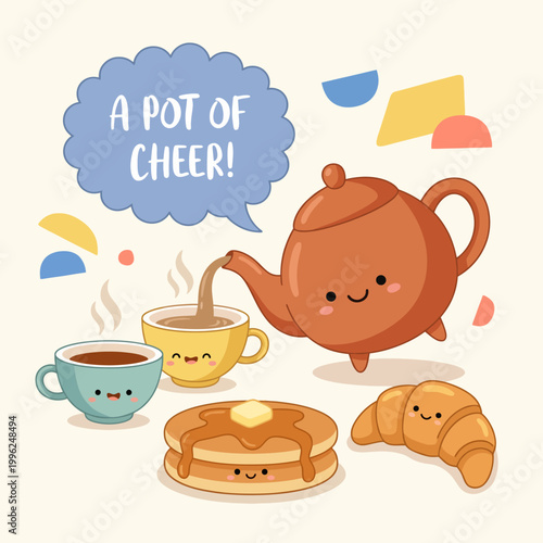фотографія A delightful illustration featuring a smiling teapot pouring tea alongside cups and breakfast items, conveying a sense of cheerfulness and warmth, perfect for morning routines