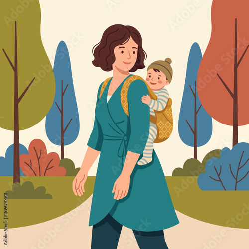 A warm-hearted mother strolls through a park, carrying her happy baby in a stylish backpack carrier, surrounded by vibrant trees and colorful foliage, enjoying family time.
