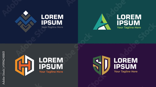 This collection of four diverse logo designs offers unique branding options suitable for various businesses, reflecting modern aesthetics and customizable identity in each style.