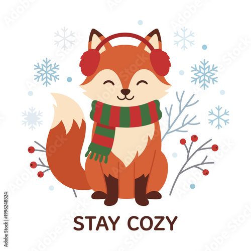 Cuadro en lienzo This charming illustration features a cozy fox adorned with a scarf and earmuffs, set against a snowy background, embodying warmth and comfort during the winter season