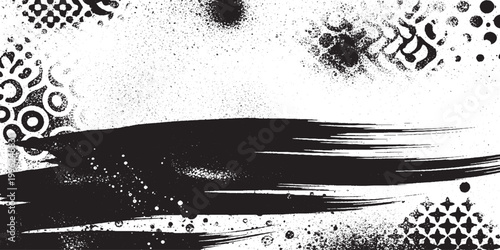 Wide horizontal grunge brush stroke with scattered distressed textures and abstract elements street art modern art distressed abstract elements splatter patterns artistic creative graffiti