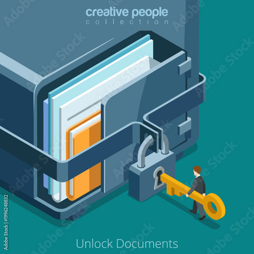 A colorful illustration depicting a key unlocking a locked folder filled with documents, symbolizing access, security, and the importance of information management.