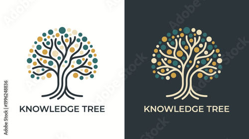 An elegant depiction of a knowledge tree with intricate branches and colorful dots representing knowledge and wisdom, symbolizing growth and enlightenment in a modern style.