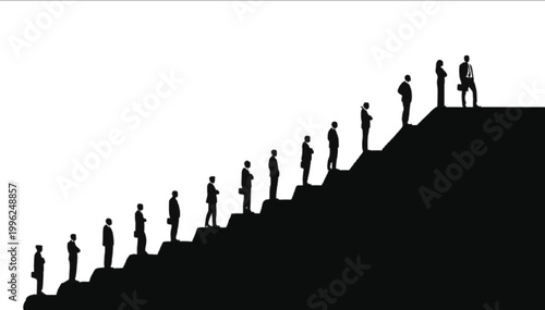 Businesspeople climb a staircase of success to reach their professional goals in this corporate concept.