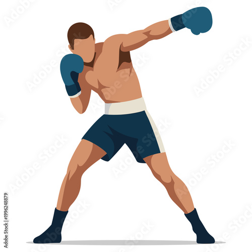 Fighter throws a jab with blue gloves while standing in a classic boxing stance to represent martial arts training, physical conditioning, and competitive athletic preparation for health media.