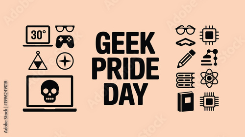 Geek Pride Day composition with icons background on peach color banner poster
