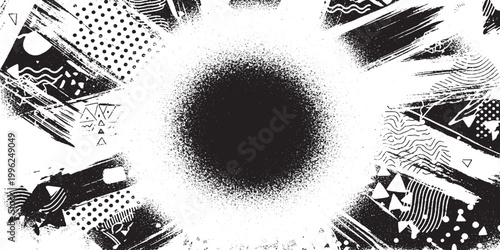 Central black spray paint splatter circle with abstract grunge border and distressed geometric patterns on white background splatter abstract background distressed artistic creative decorative
