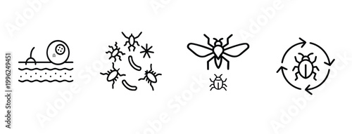 Insects and parasites line icons set skin parasite infection bacterial colony group flying housefly pest bug life cycle microscopic biological germ & more with editable stroke.