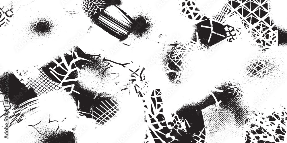 Ταπετσαρία Abstract collage of black geometric shapes and halftone textures on white backgr