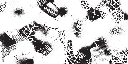 Abstract collage of black geometric shapes and halftone textures on white background with screen print abstract geometric halftone composition fragment artistic contemporary splatter backdrop