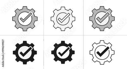 Gear check mark icons set with approval settings quality assurance symbol vector illustration collection pack