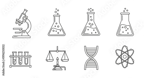 Collection of scientific laboratory equipment and symbols.