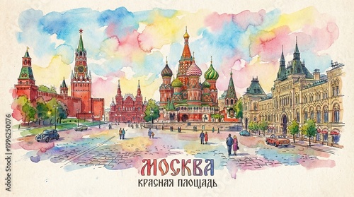 Vibrant watercolor painting showcasing Moscow's historic Red Square, highlighting iconic landmarks such as St. Basil's Cathedral and the Kremlin in a lively, artistic cityscape