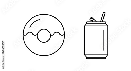 Simple Outline Icon of a Donut and a Soda Can.