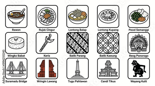 East Java culture and cuisine vector icon set featuring rawon, rujak cingur, satay, batik motifs, keris, traditional snacks and cultural symbols in clean flat and outline style.
