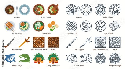 East Java culture and cuisine vector icon set featuring rawon, rujak cingur, satay, batik motifs, keris, traditional snacks and cultural symbols in clean flat and outline style.