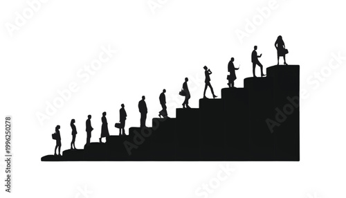 Businesspeople climb a staircase of success to reach their professional career goals and ambitions.