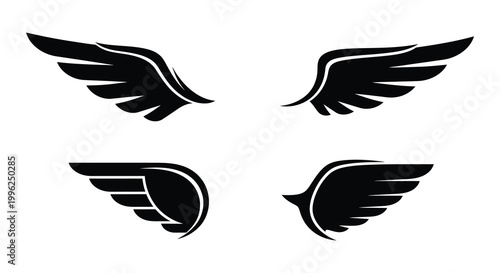 Four black wing designs presented on a white background silhouette