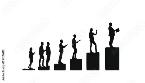 Businesspeople stand upon ascending steps to demonstrate career growth and professional advancement.