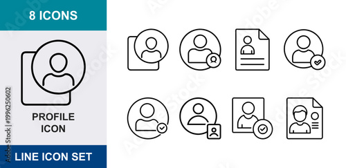 8 User profile linear icons account avatar, member login, resume document, verified person, UI and web interface design