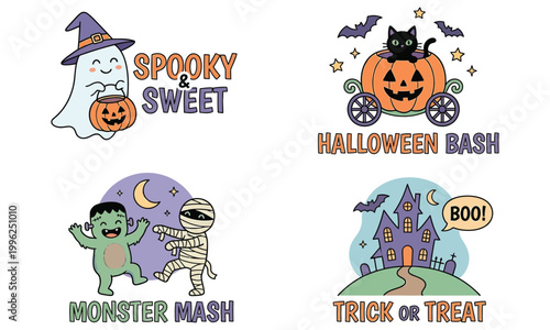 A festive Halloween scene featuring spooky characters and decorations at a nighttime party with ghosts, pumpkins, and haunted houses.